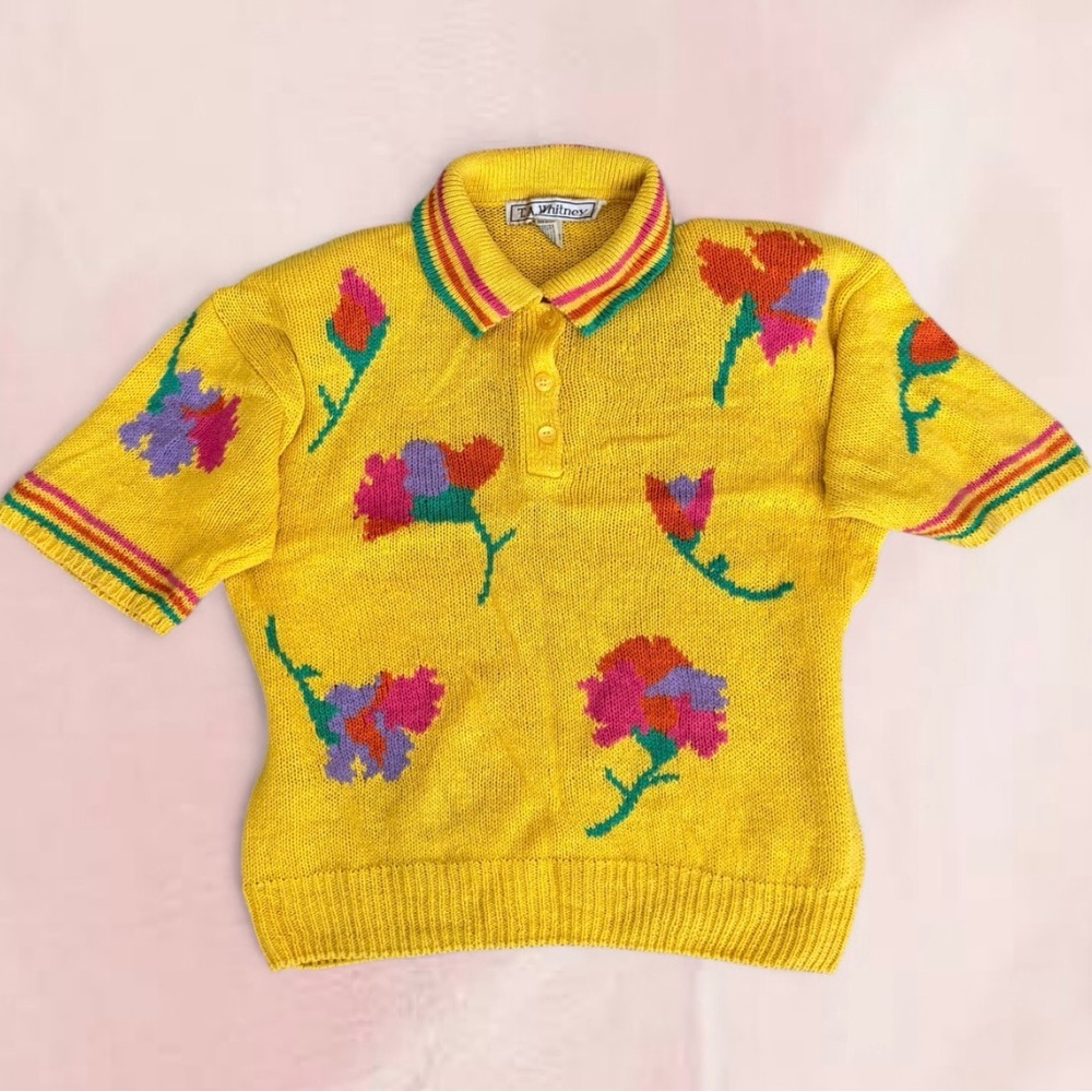 Vintage Yellow Knit Polo with Multicolor Floral Motif